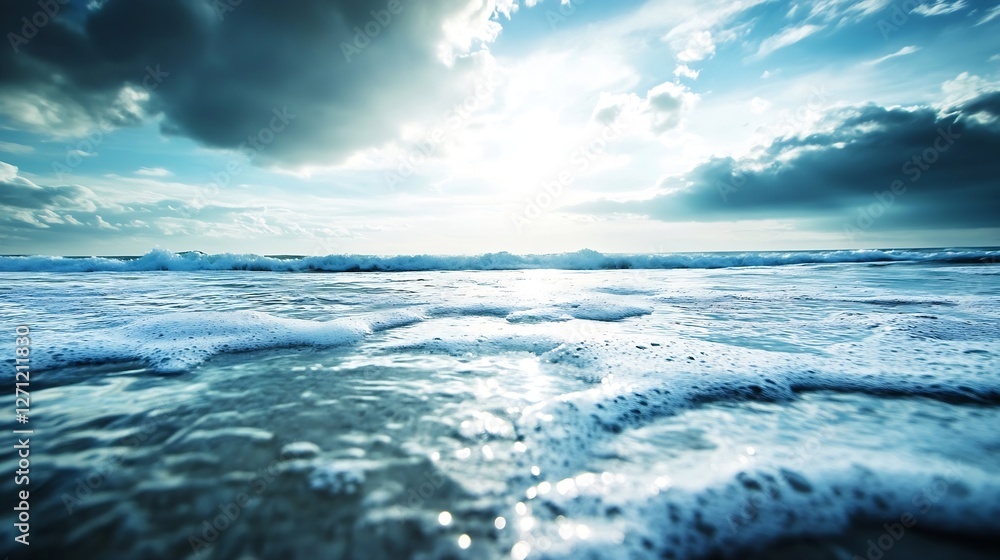 Aufkleber stunning view of ocean waves on a tranquil beach under a cloudy sky at sunset : generative ai