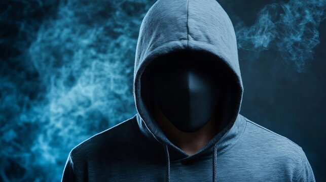 Mysterious figure in a gray hoodie with a featureless face shrouded in smoke represents anonymity and secrecy : Generative AI
