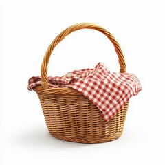 Fototapeta premium Ultra-realistic wicker picnic basket with a curved handle, woven light brown fibers, and a red-white checkered cloth. soft lighting, natural shadows, and sharp focus on a pure white background.
