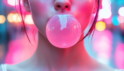 Woman blowing bubblegum at night city