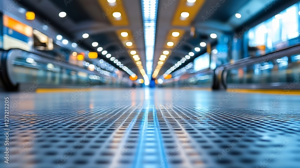 Poster urban perspective of a modern escalator with bright lighting and reflections on the floor : generati
