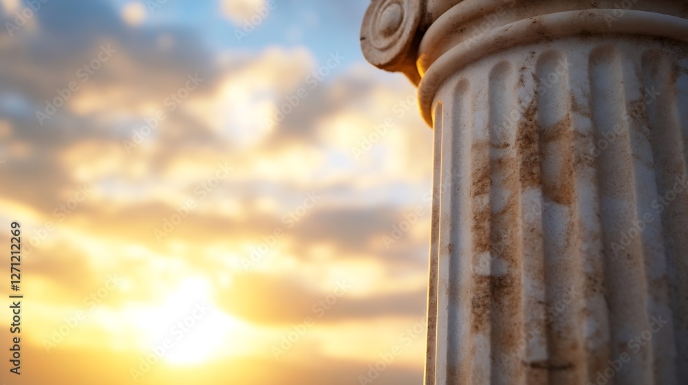 Poster closeup of a classic marble column with a beautiful sunset in the background : generative ai