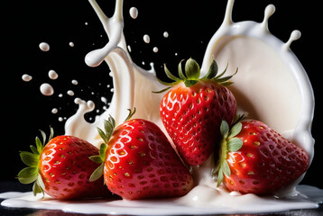 strawberry falling into milk