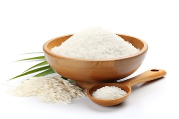 White flour and rice in a wooden bowl isolated on white background