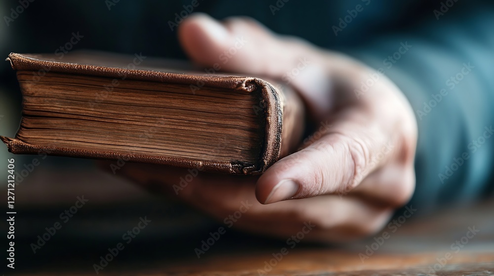 Poster person holding a vintage book with worn edges illustrating the charm of reading and nostalgia : gene