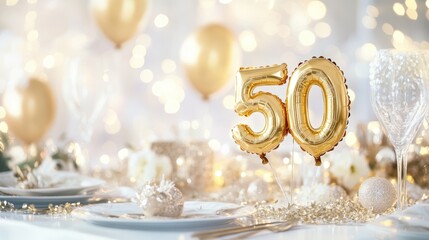 Golden Anniversary: A close-up shot captures a beautifully adorned table, the focal point is the large golden "50" balloon signifying a momentous anniversary amidst an array of decorations.