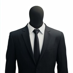 A hyper-realistic high-resolution image of a headless business suit featuring a dark charcoal blazer white dress shirt and black tie isolated on a pure white background.