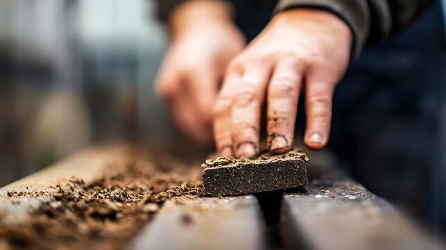 Craftsman skillfully sanding wood to achieve a smooth surface in a workshop environment : Generative AI