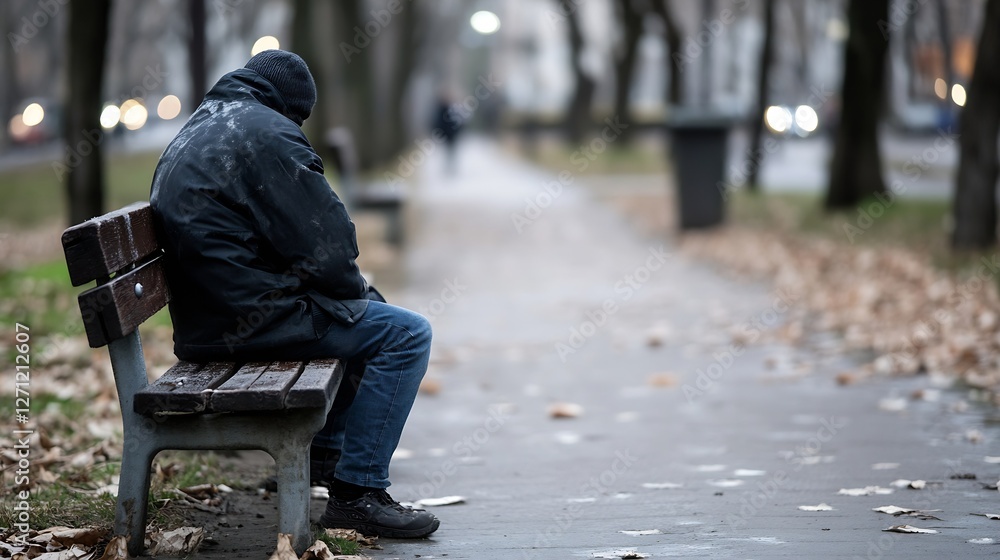 Poster lonely person sitting on a park bench during autumn in a tranquil urban environment : generative ai