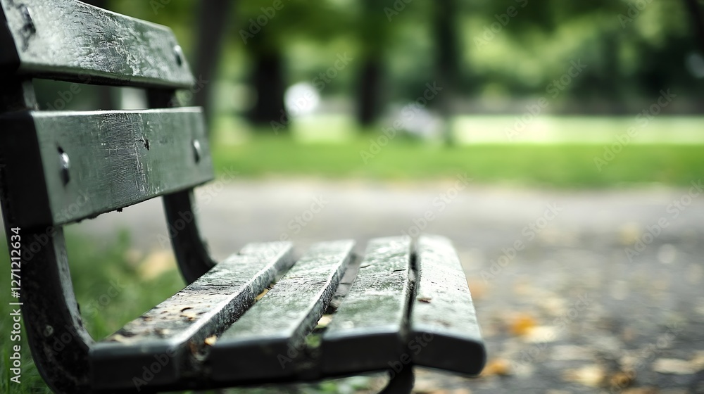 Aufkleber closeup view of a weathered park bench surrounded by green grass and trees : generative ai