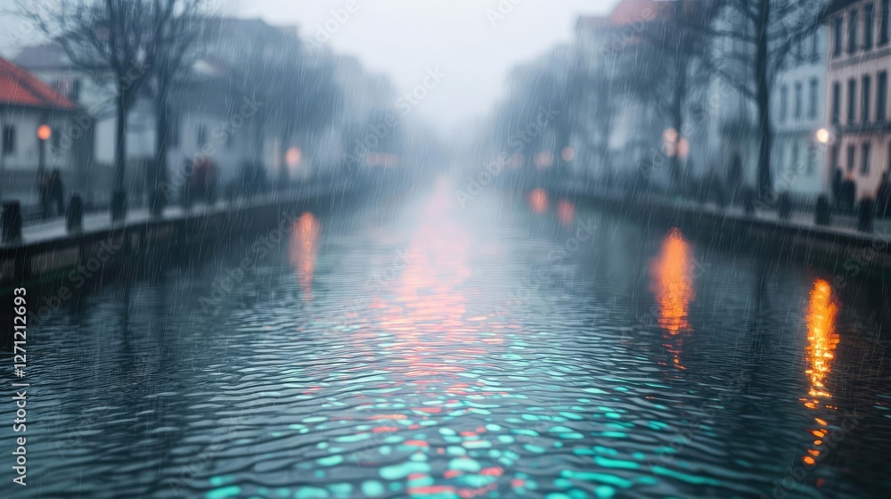 Poster Acid rain climate change idea. A tranquil canal scene enveloped in mist with soft reflections of lights and trees.