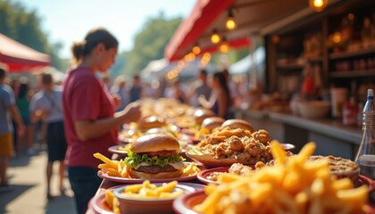 Food truck festival with people enjoying various cuisines. Burgers, fries, fried meat. Street event celebration ambience. Gastronomy savoury flavorful atmosphere indulgence seller delicacy local