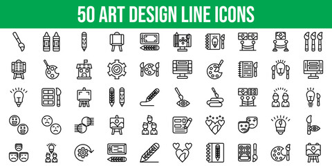 Set of 50 Outline Icons Related to Art Design. Line Icon Collection. Editable stroke. Vector illustration