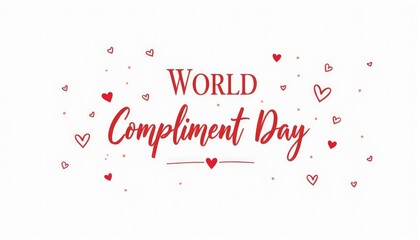 minimalistic banner with an inscription letters "World compliment day", March 1, and red hearts, on a white background