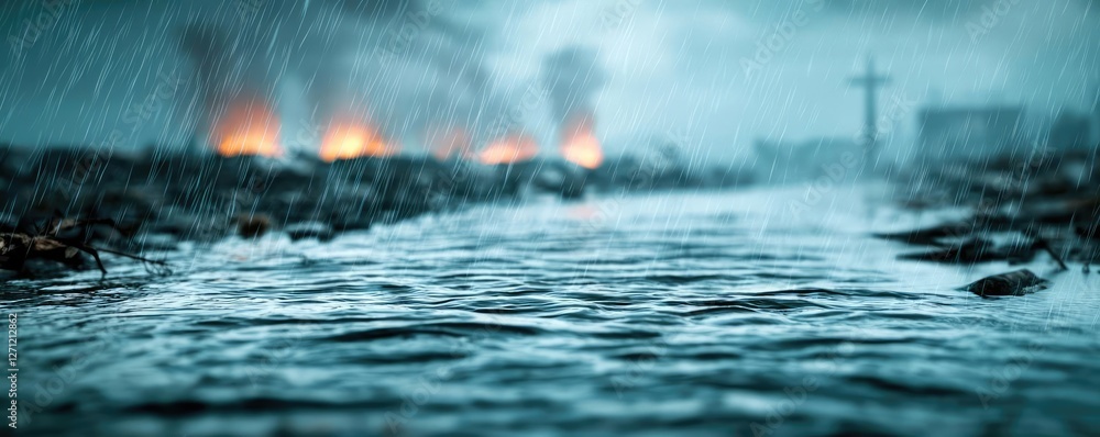 Poster acid rain climate change idea. a dramatic scene of flooding with polluted water and fires in the bac
