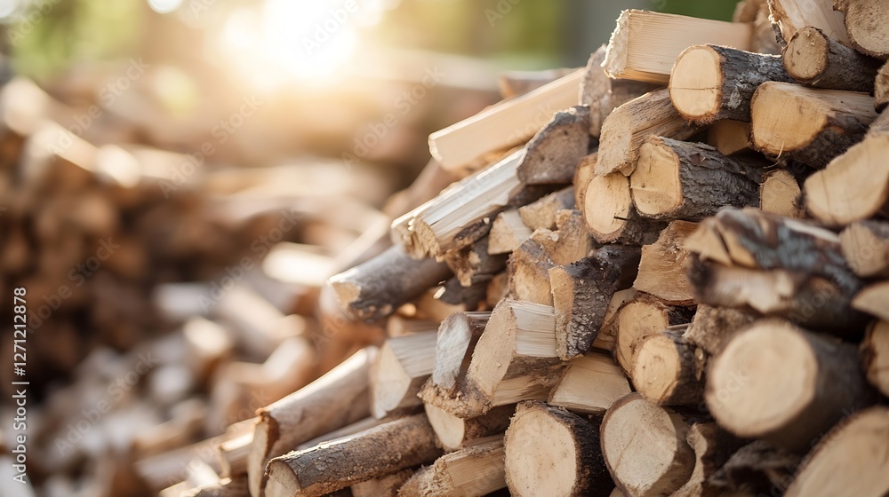 Aufkleber Stacked logs in the sunlight creating a rustic atmosphere in a forest setting : Generative AI