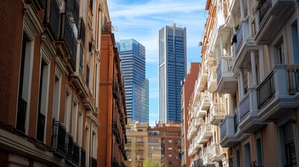 Fototapeta premium Madrid architecture contrasts old world charm with modern skyscrapers