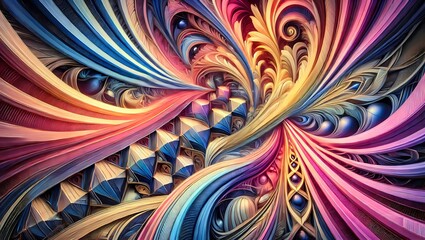 A vibrant abstract digital artwork featuring fractal and geometric patterns. Smooth gradient transitions, rich and pastel colors and glowing highlights create depth and dynamism for web ads decor.