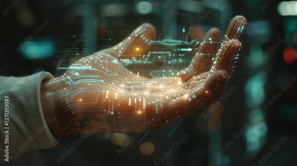 Fototapete A hand with glowing digital circuitry appears to project data in a high tech lab setting. The lighting creates an atmosphere of innovation and advanced technology.