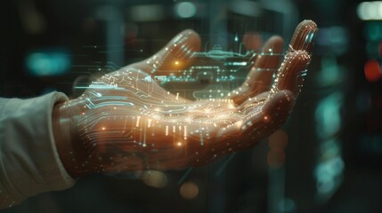 A hand with glowing digital circuitry appears to project data in a high tech lab setting. The lighting creates an atmosphere of innovation and advanced technology.