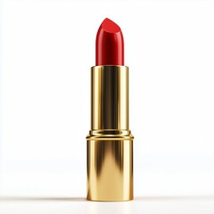 A hyper-realistic high-resolution image of luxurious red lipstick in a gold case isolated on a pure white background with soft lighting.