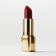 A hyper-realistic high-resolution image of luxurious red lipstick in a gold case isolated on a pure white background with soft lighting.