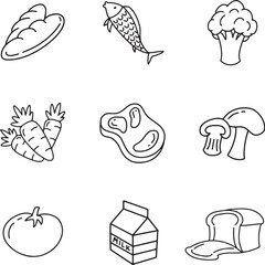 healthy food icon consisting of baquette bread, broccoli, fish, carrots, meat, shiitake mushrooms, white bread, water, and tomatoes