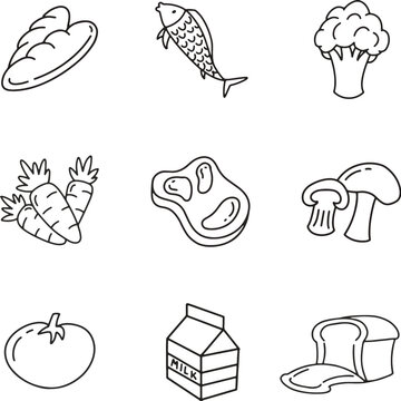 healthy food icon consisting of baquette bread, broccoli, fish, carrots, meat, shiitake mushrooms, white bread, water, and tomatoes