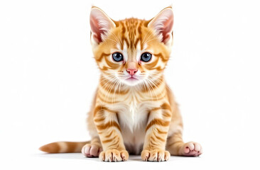 Little ginger kitten on a white background. The animal is looking at the camera.