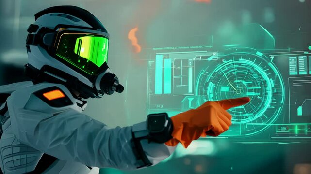Astronaut scanning futuristic battlefield with reflective visor, astronaut assessing high-tech warzone, astronaut immersed in advanced combat intelligence, astronaut embodying