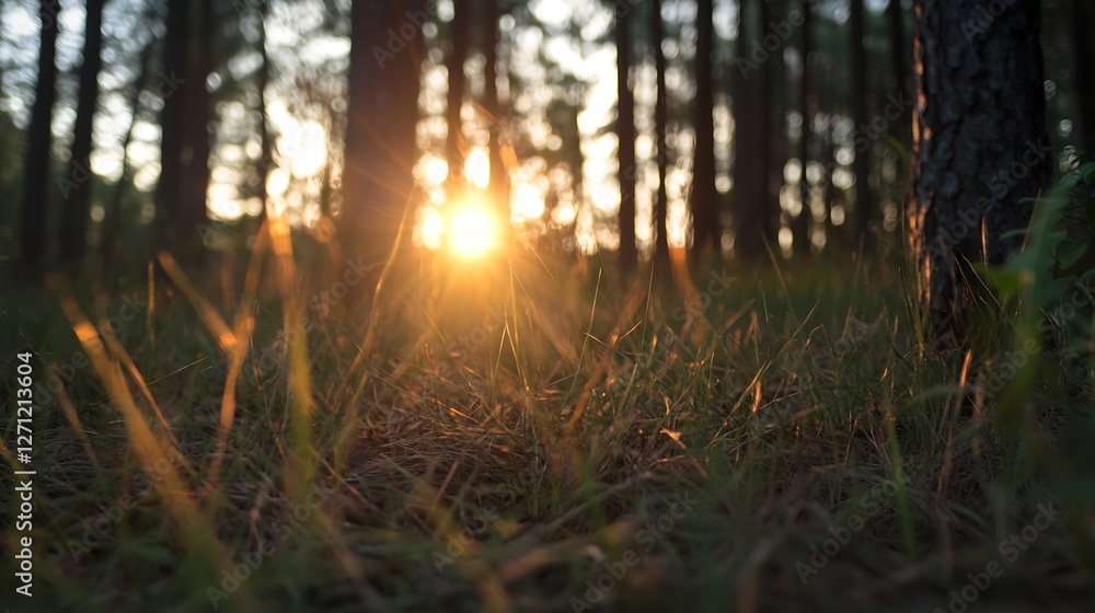 Aufkleber Sunset Light Streaming Through Tall Trees in Forest Creating Golden Atmosphere : Generative AI