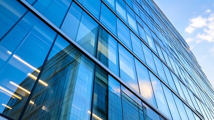 Modern Glass Facade of Office Building Reflecting Sky and City Elements : Generative AI
