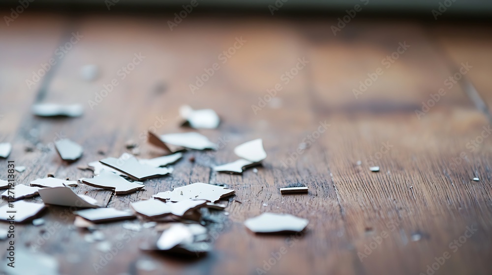 Aufkleber Scattered ceramic shards on a rustic wooden floor telling a story of previous beauty and fragility : Generative AI
