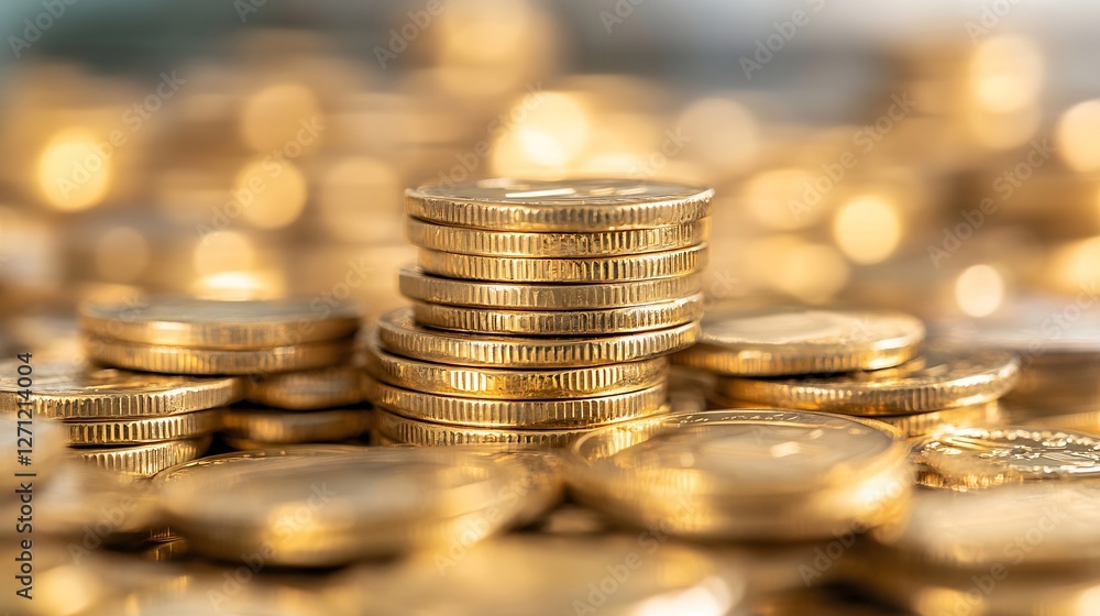 Poster closeup of shiny gold coins stacked on top of each other creating a sense of wealth and prosperity :