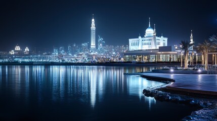 Fototapeta premium Nighttime cityscape iconic landmarks illuminated waterfront view urban landscape vibrant nightlife