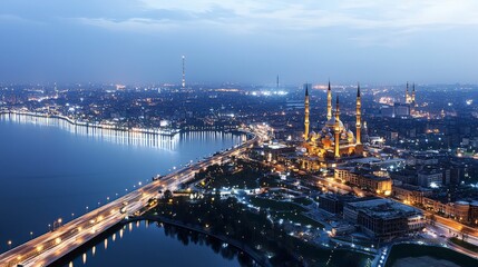 Obraz premium Illuminated cityscape at night featuring iconic landmarks urban environment aerial view stunning visuals