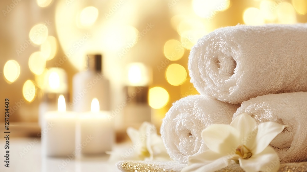 Fototapete cozy spa setting with rolled towels candles and elegant background for relaxation and pampering : ge