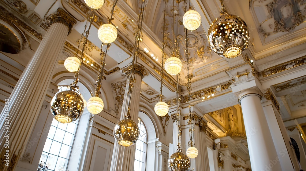 Poster Stunning chandelier installation featuring elegant lighting in an opulent architectural setting with intricate details : Generative AI