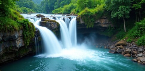 Fototapeta premium Waterfall on the Alakna River near the Ganges Source, flowingwater, waterfall