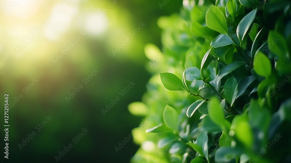 Poster vibrant closeup of lush green leaves with soft sunlight creating a serene and peaceful atmosphere : 