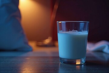 Empty glass of milk on bedside table at night, nighttime, table, milk