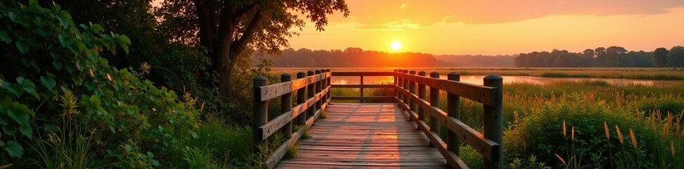 Fototapeta premium Wooden bridge is adorned with vines as it spans wide marsh at sunset, foliage, sun