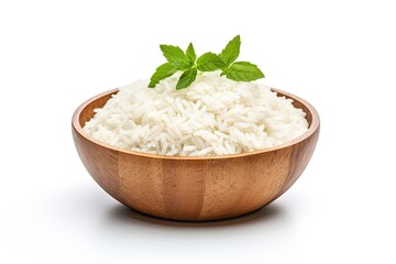 Wooden bowl holding basmati rice on white background