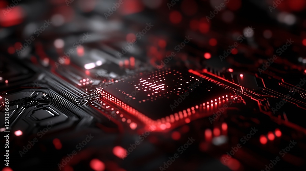 Aufkleber Close up view of a hightech microchip with glowing red details on a dark background : Generative AI