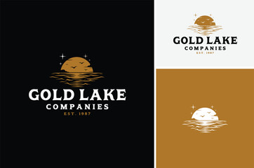 Sea Water Wave at night with Moon or Lake Ripple at Sunset with stars and birds silhouettes for nature ocean scenic logo design