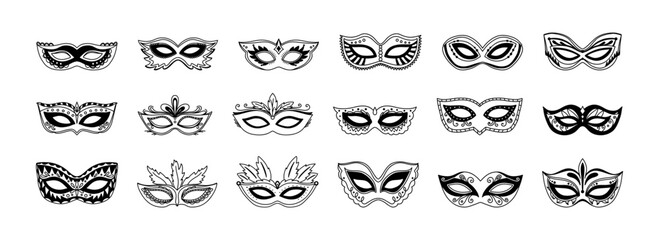 Mardi Gras outline eye mask set, isolated sign, symbol or icon. Black masquerade masks, for party, festival, parade and carnival, for Mardi Gras and Halloween. Set of lined carnival masks silhouettes. © LENNAMATS