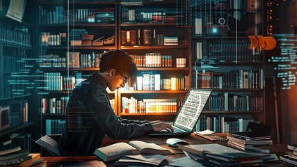 A student engages with advanced data science methods while studying amidst shelves of books and technology - Powered by Adobe