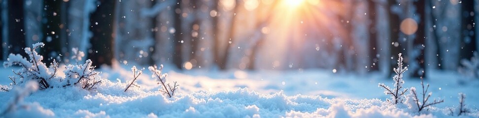 Sparkling frosty landscape with snowflakes gently falling on a serene winter scene, snowy woods, frosty morning
