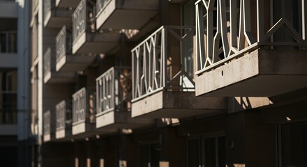 Fototapeta premium Apartment Balconies with Geometric Railings in Urban Architecture Perspective
