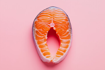 Piece of salmon is shown on a pink background. The salmon is cut in half and has a pinkish hue